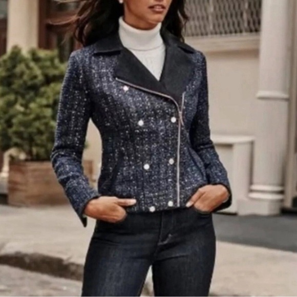 White House Black Market Women’s 14P Petite Lurex Tweed Moto Jacket – Navy Blue - Picture 2 of 16